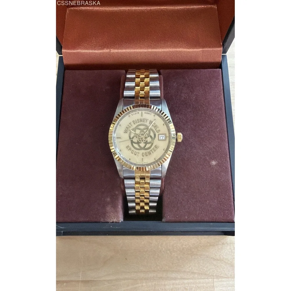 Vintage Elgin Men's Quartz Watch Two Tone Gold Fluted Bezel Jubilee Date Boxed
